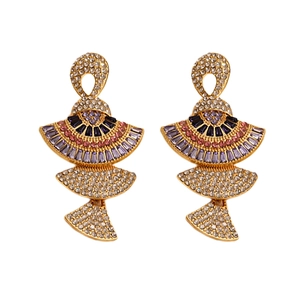 Luxurious gold fan-shaped drop earrings with multi-colored pavé crystal zircon accents