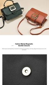 Detail of high-quality magnetic snap closure and metal buckle on retro leather square bags