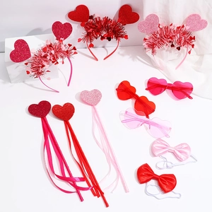 Detailed 11-piece set of red heart headbands, glasses, and accessories for Valentine's Day