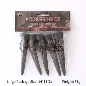 Detailed view of Halloween spider finger claws in retail packaging with size specs