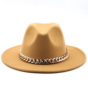 Detailed texture of camel wool felt fedora hat featuring a chunky gold metal chain