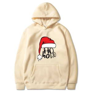 Beigefarbener Weihnachts-Hoodie mit HO HO HO-Druck und festlicher Nikolausmütze im Design