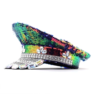 Rainbow sequin military captain hat with large sparkling rhinestones for party rave