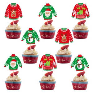 Ugly Christmas sweater cupcake toppers featuring reindeer and Santa designs set of 9