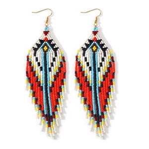 Handmade bohemian beaded fringe earrings with colorful seed beads and gold hooks
