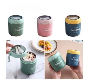 Detail of portable 304 stainless steel soup cups with silicone handle and folding spoon