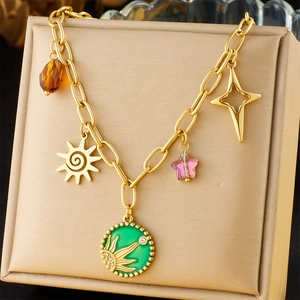 Stainless Steel Necklace With Green Enamel Round Sun Star Pendant Vintage Bohemian Multi Charm Jewelry For Women
