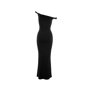 Detail of black one-shoulder slim fit maxi evening dress with elegant folded neckline