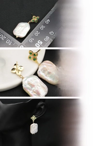 Macro detail of natural freshwater pearl earrings with 18K gold plated clover design
