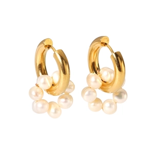 18K gold plated stainless steel hoop earrings featuring freshwater pearl cluster drops