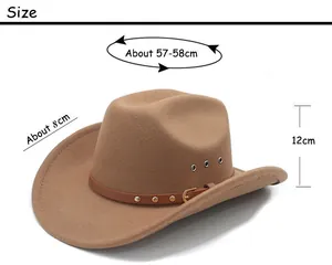 Size chart for khaki wool cowboy hat featuring detailed crown and brim measurements
