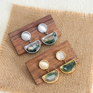 Cat eye stone and green resin semi-circle drop earrings with gold and silver finish