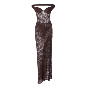Detailed macro view of chocolate brown lace texture and ruched fabric on the dress