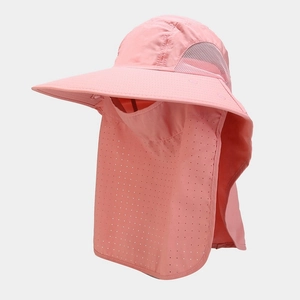 Chapeau soleil rose avec large bord, masque et rabat de cou pour protection 360
