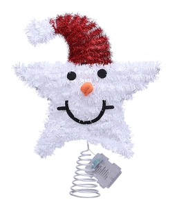 Detail of a snowman star tree topper with 8-mode LED battery box on white background