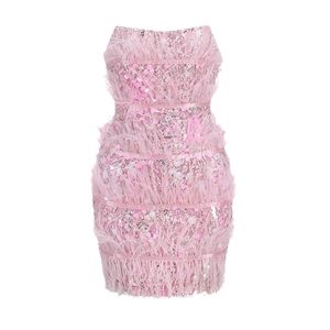 Pink sequin mini dress with ostrich feather hem and strapless party design