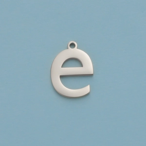 Polished silver stainless steel letter 'e' pendant charm with top ring on blue background