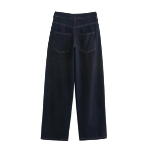 Jean denim bleu foncé à taille haute avec jambes larges, poches arrière et coutures orange