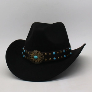 Chapeau de cow-boy western noir en daim avec concho turquoise et clous décoratifs