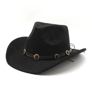 Classic black western cowboy hat with wide brim and bronze decorative metal buckles