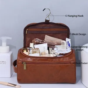 Beauty case da viaggio sospeso in pelle PU marrone con gancio e scomparti in rete