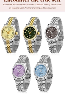 Detailed macro view of women's quartz watches with diamond bezels and date display dials