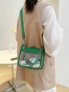 Women Transparent PVC Jelly Bag Fashion Waterproof Square Shoulder Messenger Bag With Chunky Chain And Wide Strap Casual Stylish