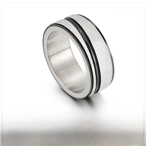 8mm stainless steel ring with black resin inlay and matte brushed metal finish texture