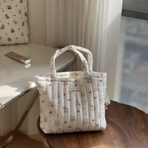 Quilted Handbag Cotton Canvas Tote Bag Cartoon Animal Print Korean Style Casual Lightweight Mommy Bag Soft Handle