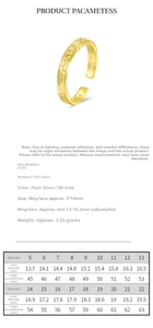 S925 silver ring size chart showing inner diameters and adjustable gold band details