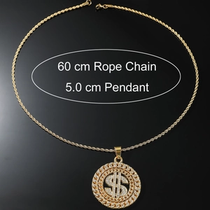 Close-up of golden 5cm rotating dollar sign pendant with sparkling rhinestones and 60cm rope chain