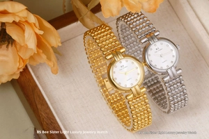 Detailed shot of two BS Bee Sister quartz watches with decorative beaded metal bracelets
