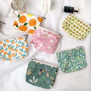 Mini Coin Purse Canvas Cotton Fabric Zipper Closure Printed Cartoon Fruit Flower Animal Pattern Handbag Organizer For Women Girls