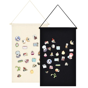 Detail of canvas banner flags for enamel pin and badge display in black and beige colors