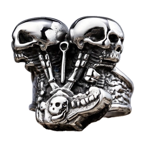 Vintage gothic dual skull and V-twin engine stainless steel ring for men in punk style