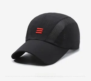 Detail view of black breathable mesh baseball cap with red stripes on a studio background