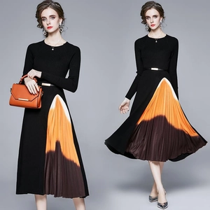 Robe Midi En Tricot À Manches Longues Avec Jupe Plissée À Dégradé De Couleurs Coupe Cintrée Élégante Automne Hiver Avec Ceinture