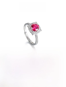 Macro detail of one carat red corundum ring with adjustable silver-tone band