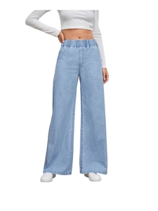 Jeans da donna blu chiaro a vita alta con gamba larga e comoda fascia elastica