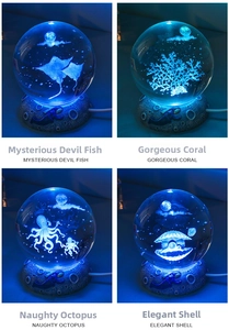 Macro detail of 3D laser-engraved marine life crystal balls with astronaut moon base