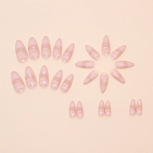Long almond press-on nails with pink and white marble pattern glossy finish set of 24 pieces