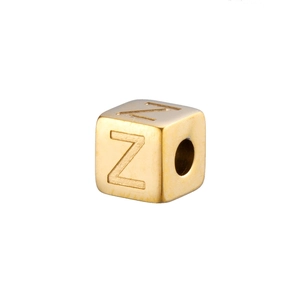 Detailed view of 14K gold plated stainless steel cube bead with engraved letter Z