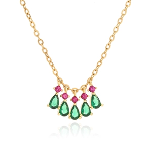 Gold chain necklace with five green teardrop pendants and pink crystal accents