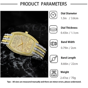 Detailed product parameters and dimensions for the two-tone iced out men's quartz watch