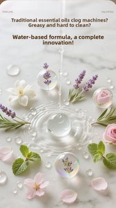 Water-soluble essential oil detail showing natural floral extracts and non-clogging formula