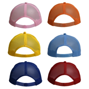 Rear view of breathable mesh trucker hats in multiple colors with adjustable snapbacks