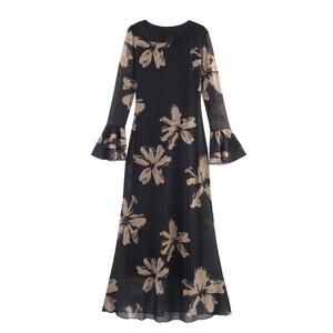 Floral print long-sleeve mesh dress with ruffles and bow in black and beige