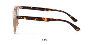 Side view of tortoise shell pattern frames with silver rivets and tinted lenses
