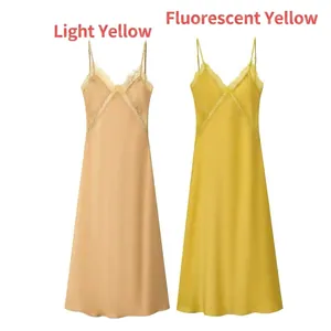 Women Satin Cami Midi Dress Lace Trim V Neck Spaghetti Strap Satin Like Slim Fit Elegant Slip Dress