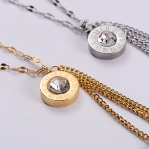 Titanium steel Roman numeral pendant necklace with sparkling crystal in gold and silver